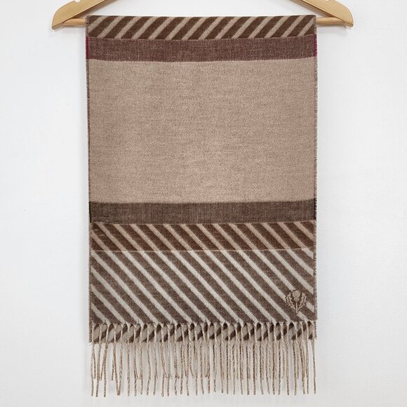 Reversible Houndstooth Stripe Pattern Beige Scarf Fringe Fall Fashion Cozy Soft - Picture 9 of 14